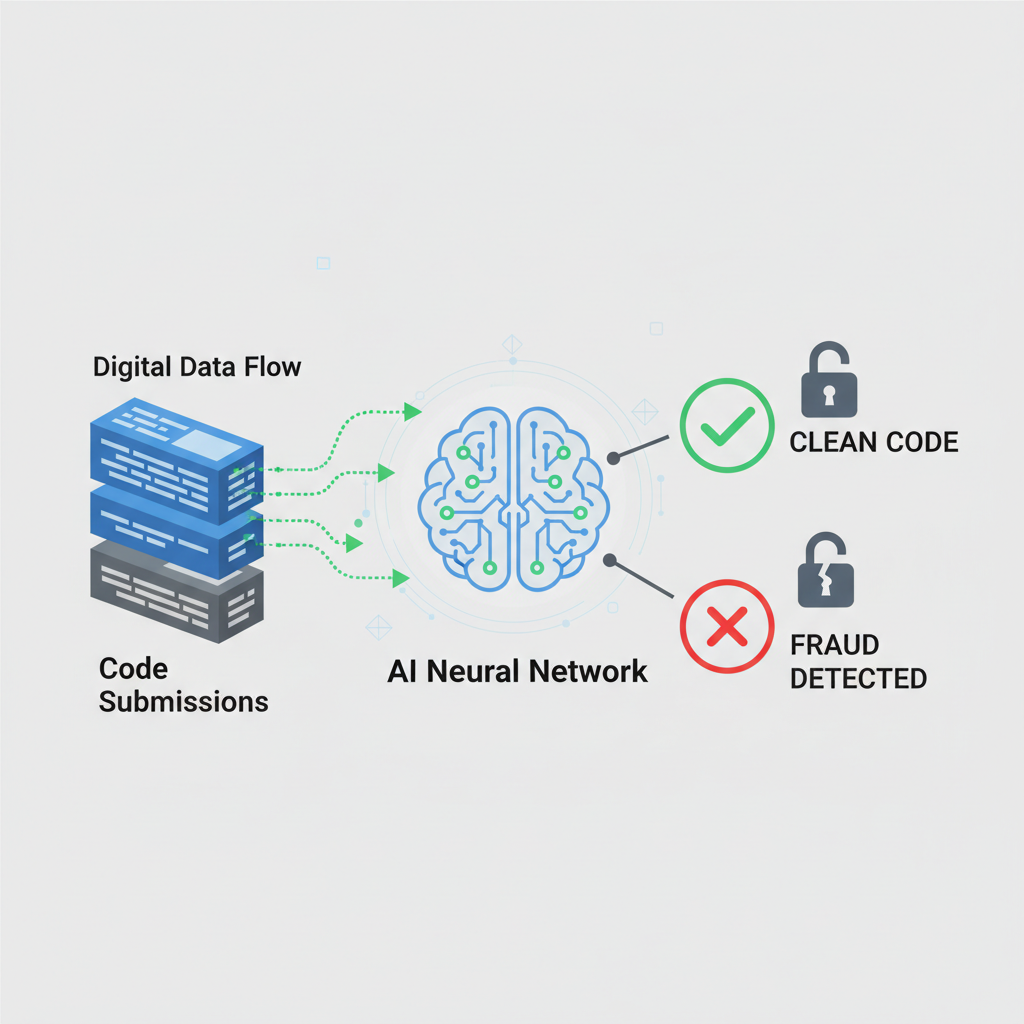 AI neural network scanning code submissions for fraud, digital data flow, green checkmarks