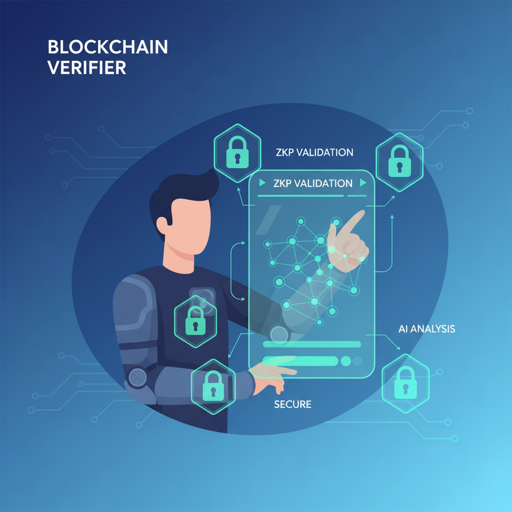 blockchain verifier checking ZKP with AI overlay, secure lock icons, futuristic UI
