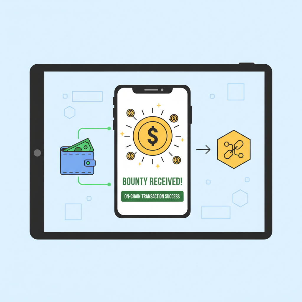 crypto wallet receiving bounty reward, on-chain transaction success, golden coins