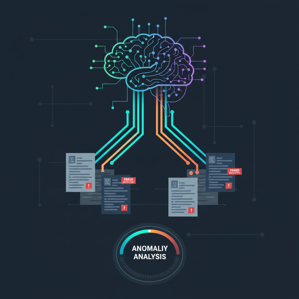 AI neural network scanning code reports for fraud, glowing data streams, tech visualization