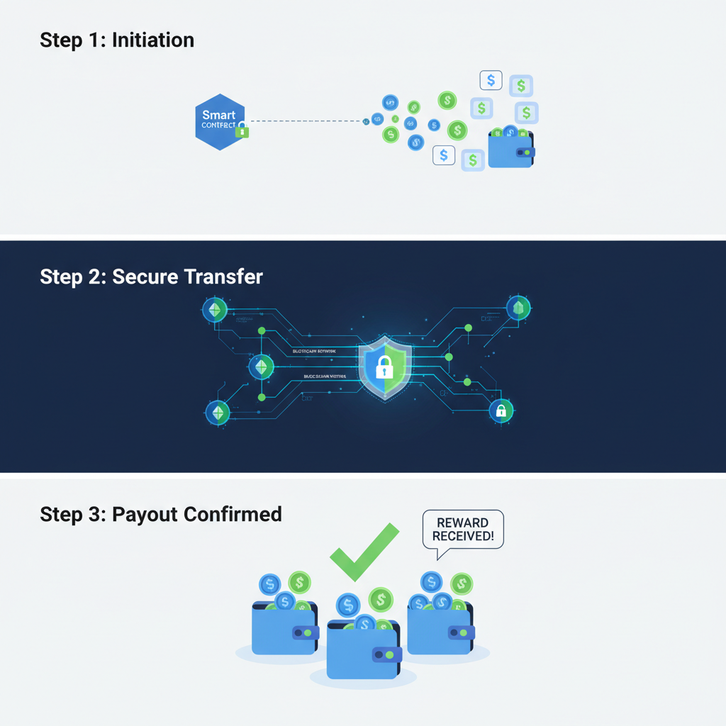 on-chain reward payout animation, crypto tokens transferring securely, blockchain network