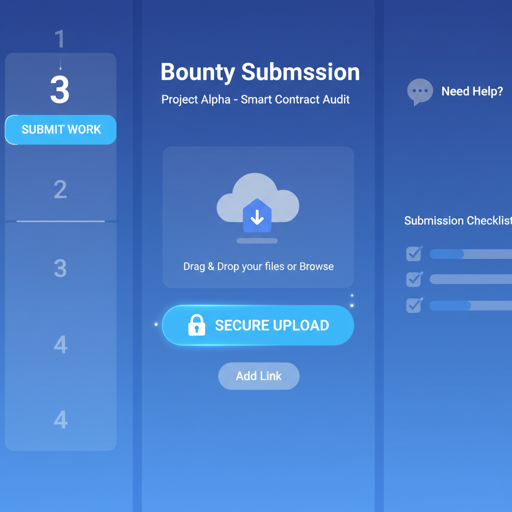 web3 bounty submission interface with secure upload button, futuristic UI, blue tones