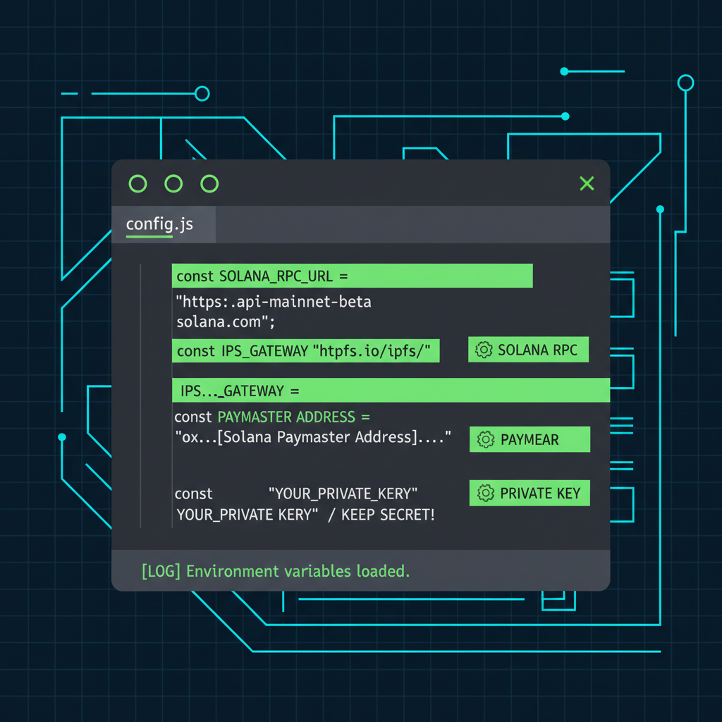 code editor with environment variables for Solana RPC IPFS paymaster, green highlights, modern UI, tech blueprint aesthetic