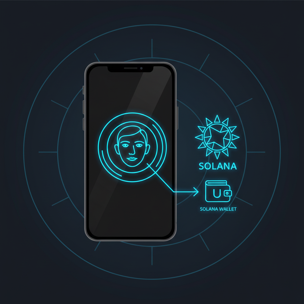 smartphone biometric face ID unlock solana wallet connection neon blue glow