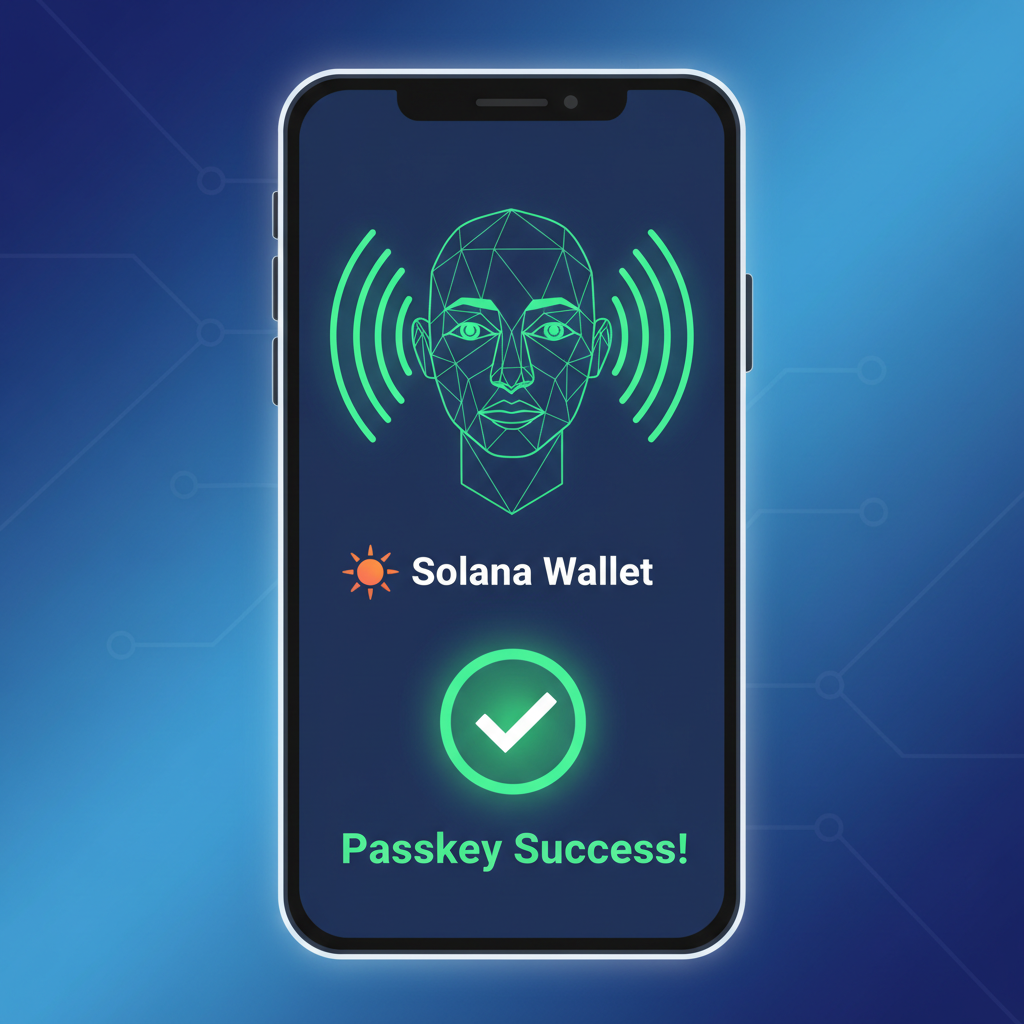 mobile screen biometric Face ID unlock Solana wallet, passkey success animation, glowing green check, futuristic device render
