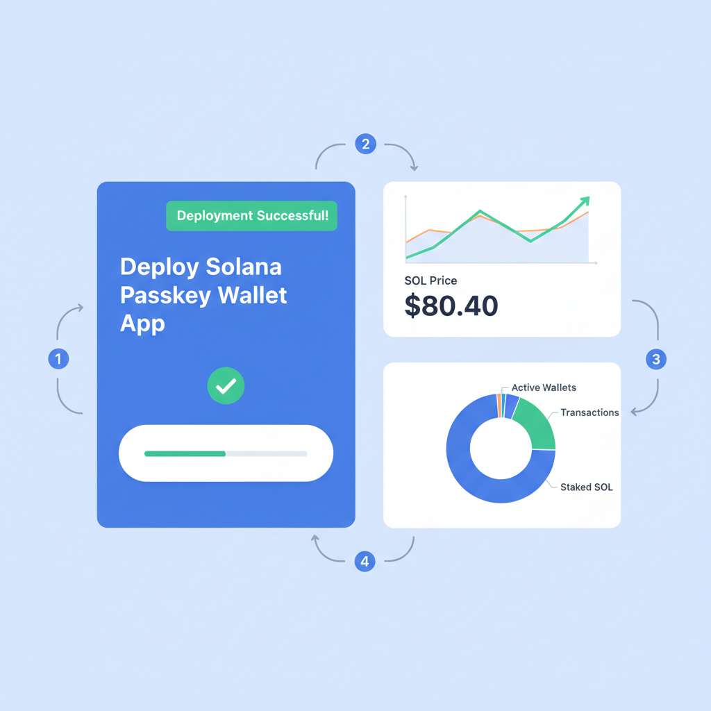 dashboard deploying Solana passkey wallet app, charts SOL price $80.40, success deploy notification, professional analytics UI