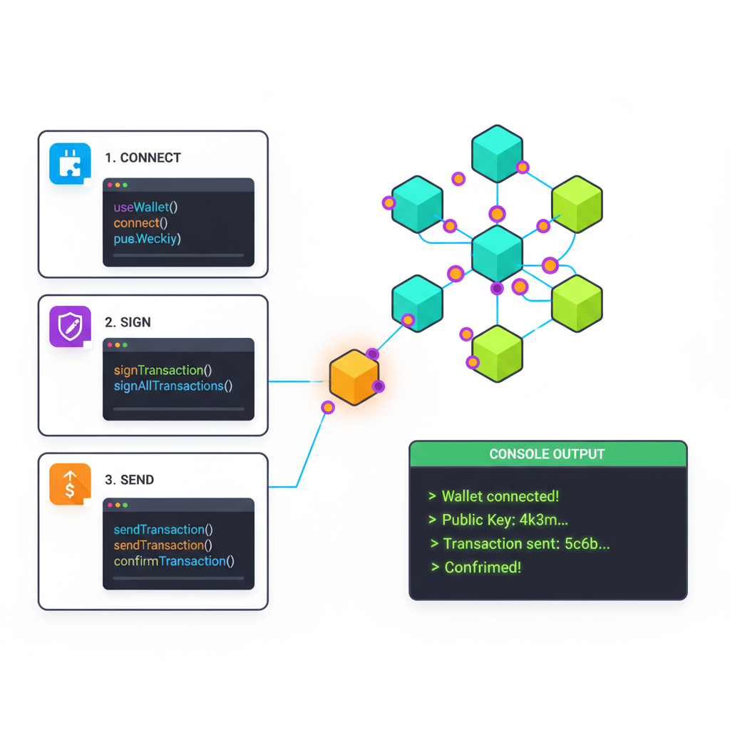 JavaScript hook code for Solana wallet connect sign send, console log pubkey, vibrant code colors, blockchain network visualization