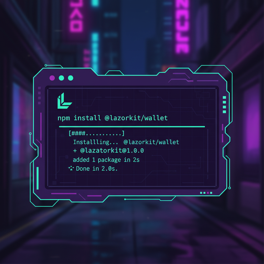 developer terminal screen installing npm package @lazorkit/wallet, clean code, dark mode, futuristic cyberpunk style