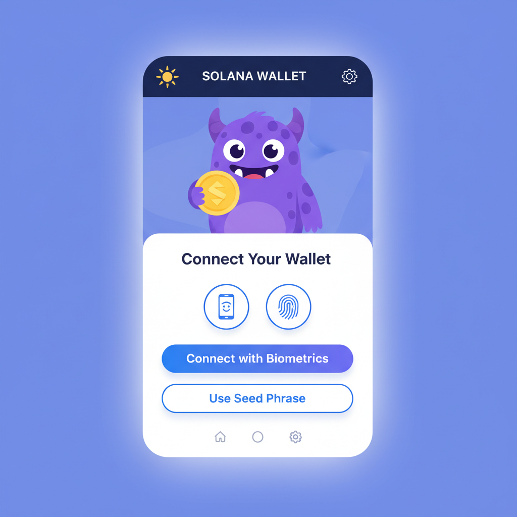 javascript code using usewallet hook, biometric icons face id touch id, solana wallet UI demo