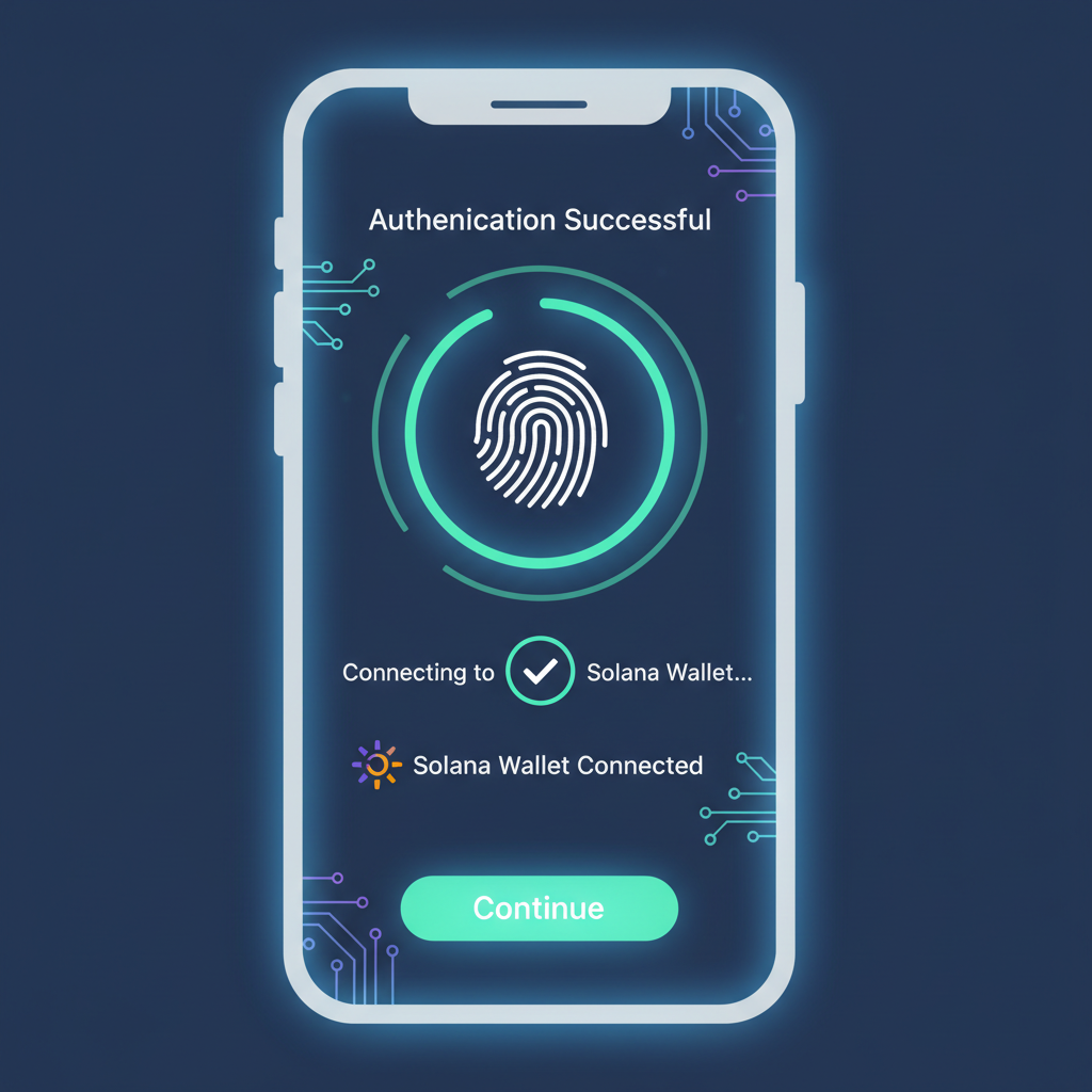 mobile screen biometric auth prompt solana wallet connect, success animation, futuristic glow