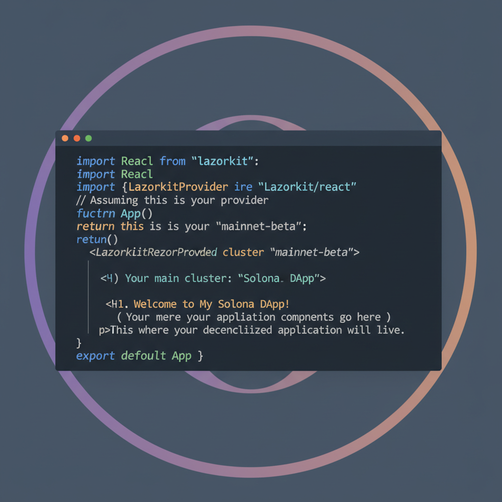 React code snippet LazorkitProvider wrapping app component, syntax highlighted, Solana logo faint background, elegant minimalism