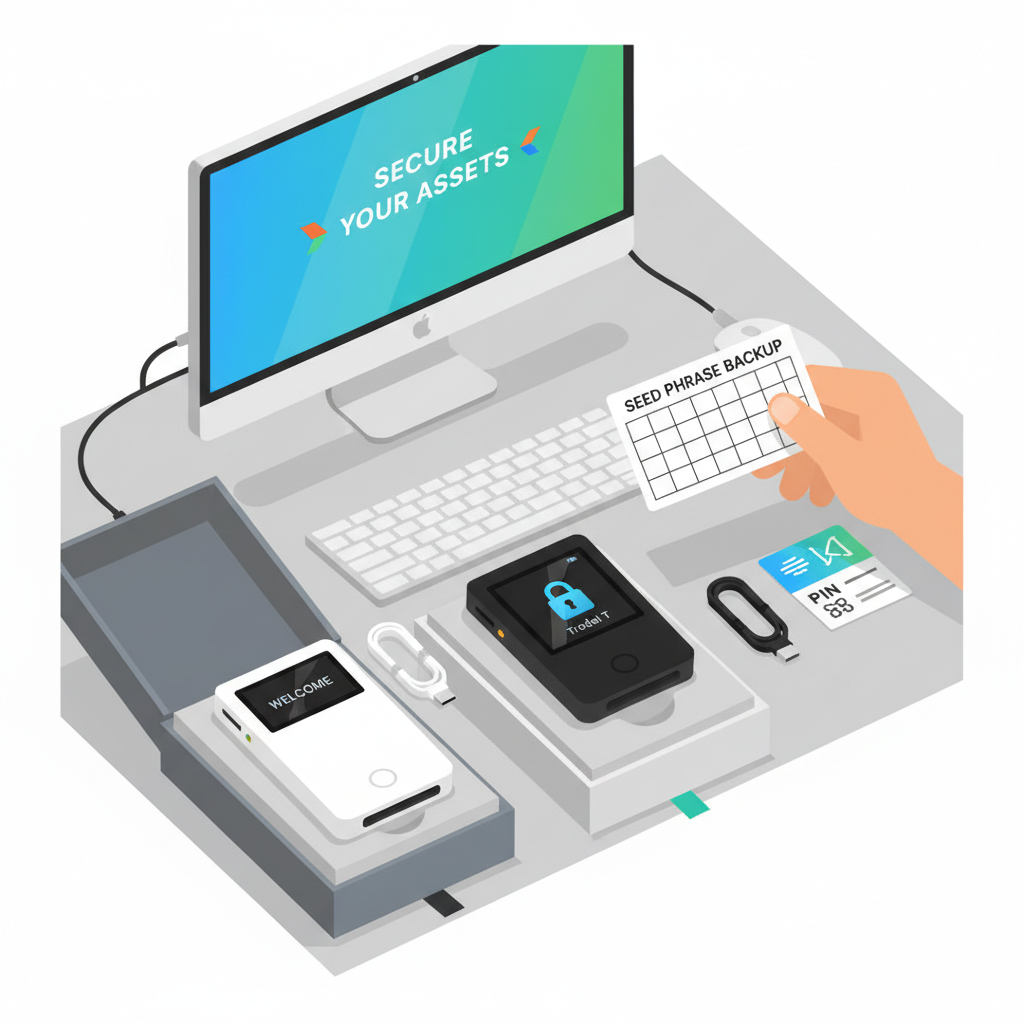 Ledger Nano X and Trezor hardware wallets unboxed on desk with computer, seed phrase backup, secure setup vibe, vibrant tech illustration