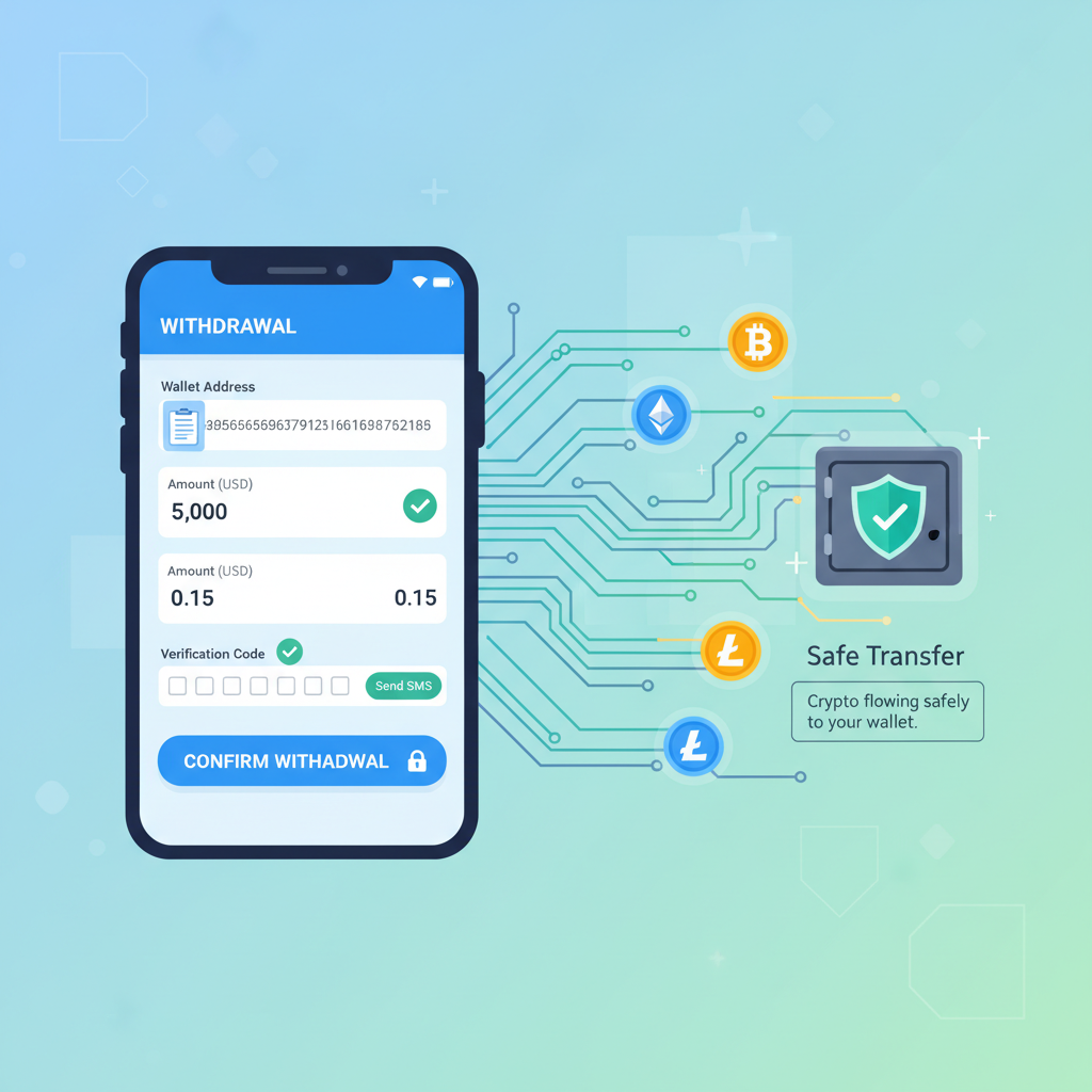 Exchange app withdrawal screen pasting wallet address, verification checks, crypto flowing safely, dynamic digital art