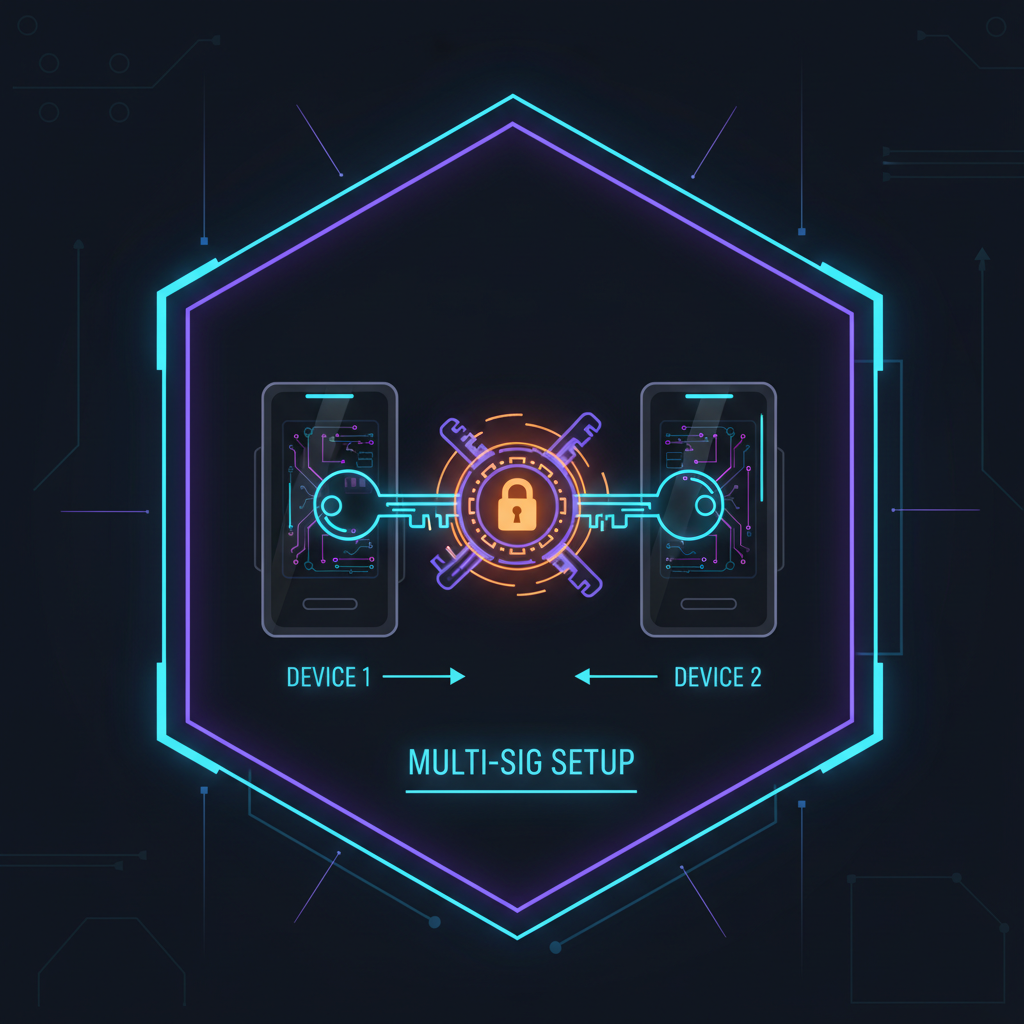 Multi-signature wallet setup on two hardware devices, keys interlocking, ultra-secure vault graphic, high-tech neon illustration