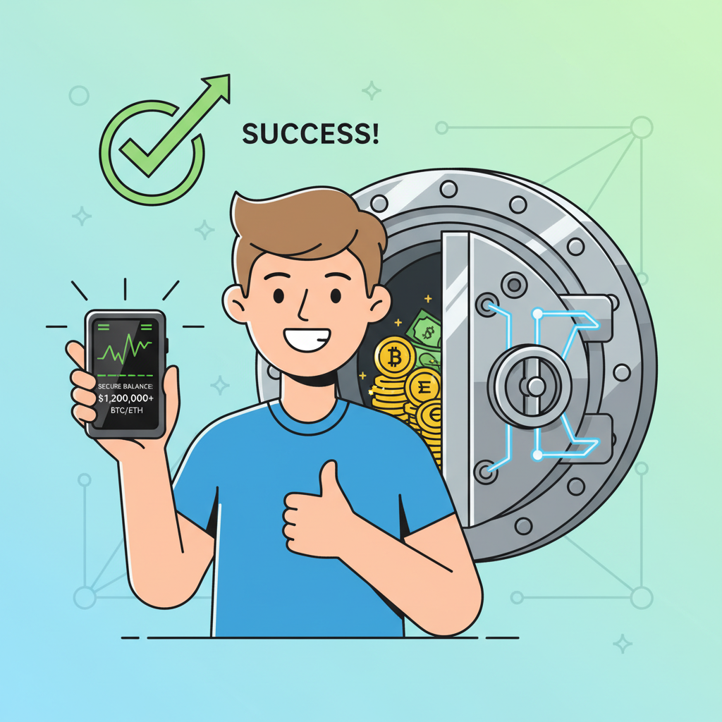 Happy user checking secure crypto balance on hardware wallet, safe vault background, thumbs up, energetic crypto success scene