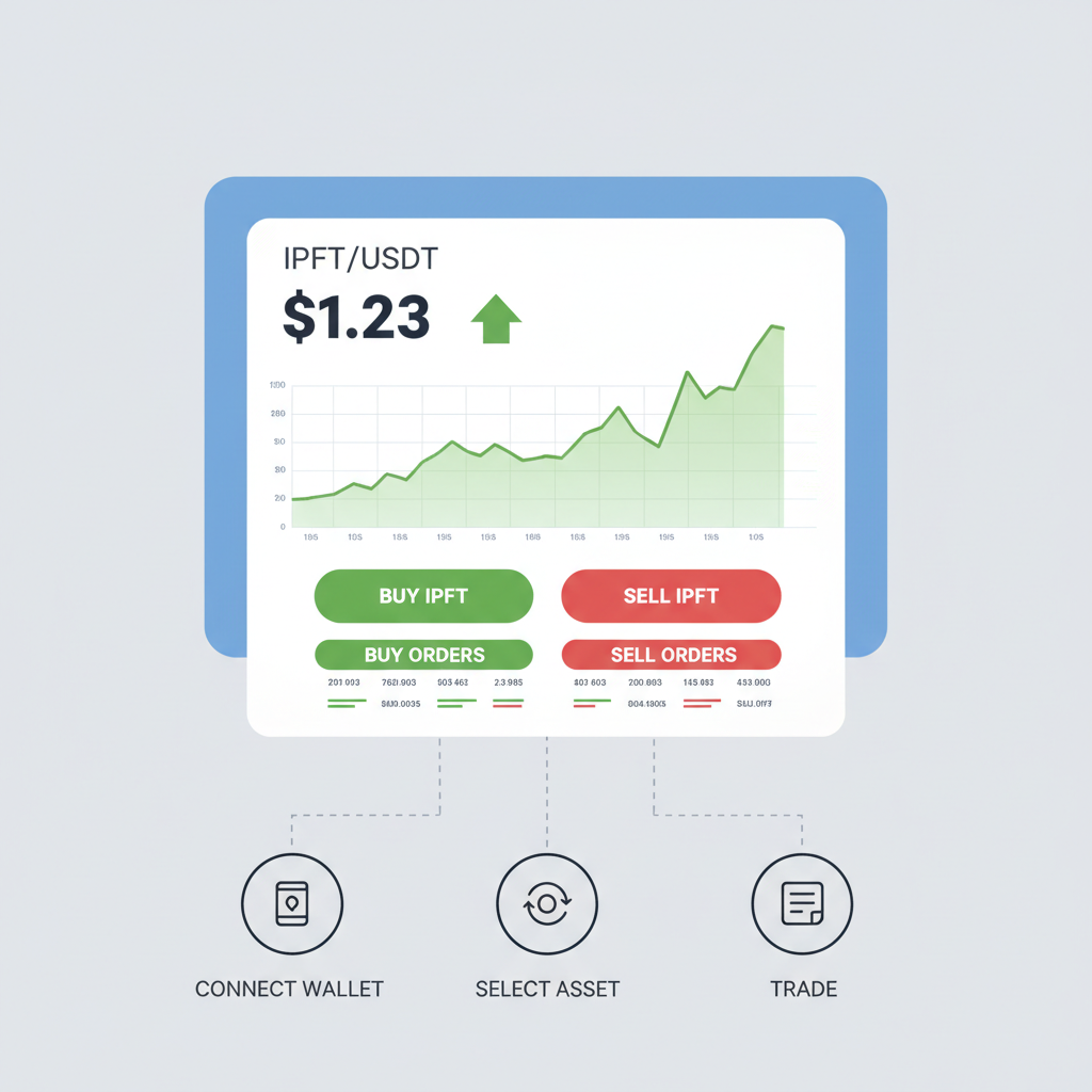 trading IPFT tokens on DEX interface, price chart showing $1.23, green upward arrow