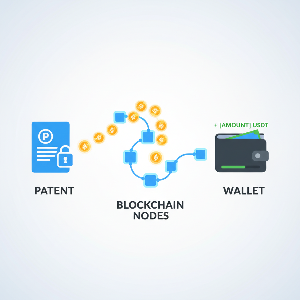 on-chain royalty payout animation, tokens flowing from patent to wallet, blockchain nodes