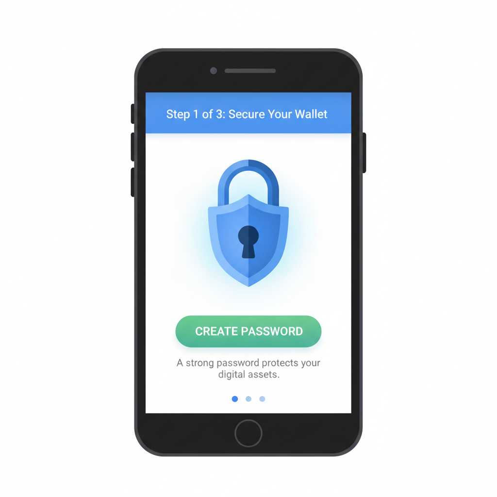 modern crypto wallet app setup on smartphone, clean UI, secure lock icon
