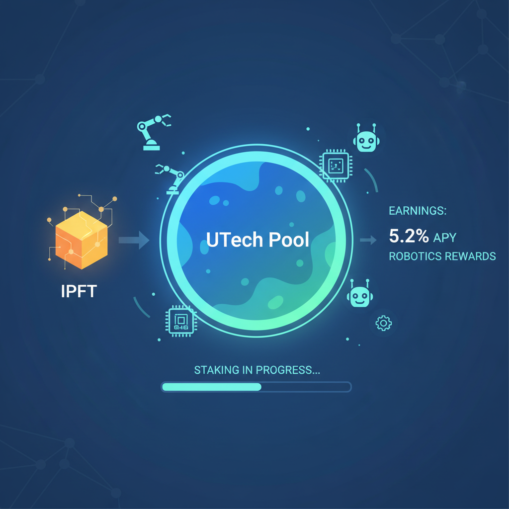 staking IPFT in UTech pool dashboard, glowing liquidity pool, robotics patent icons