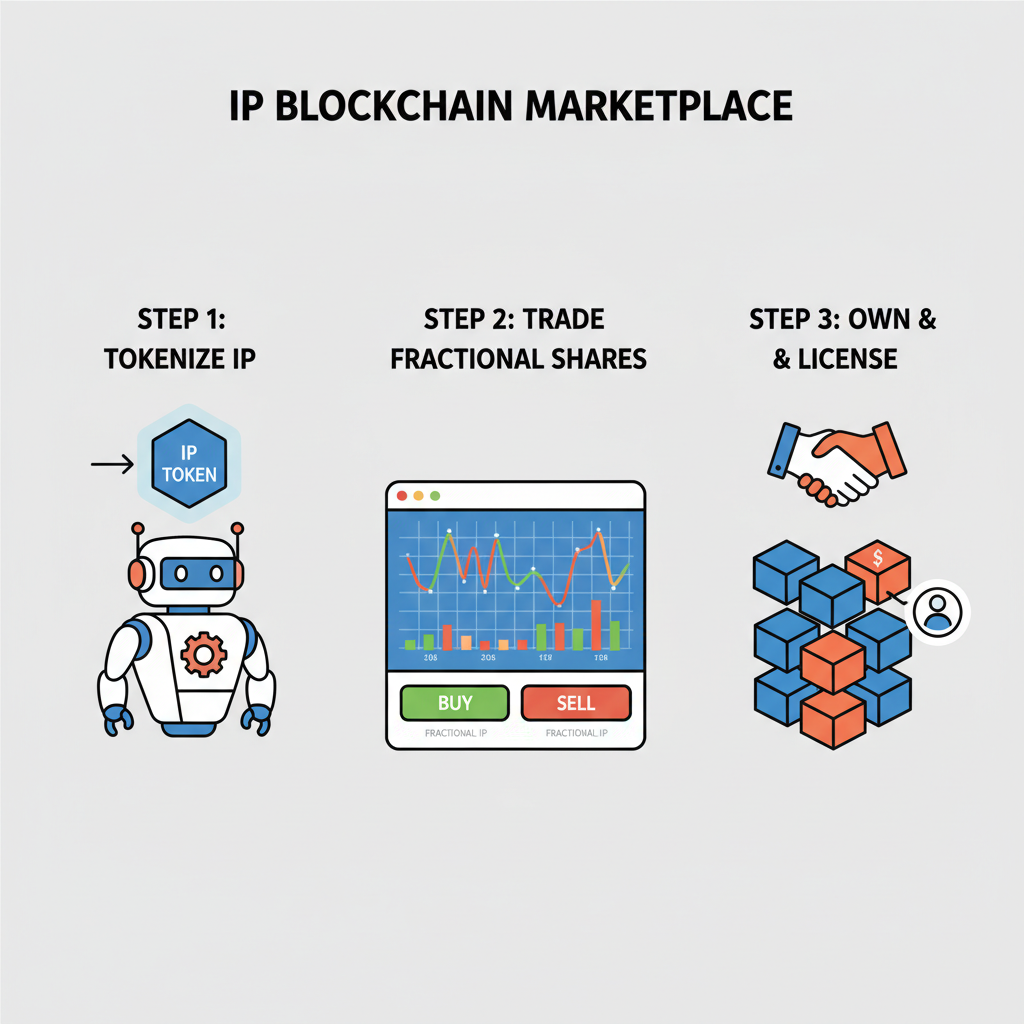 trading fractional IP tokens on blockchain marketplace, dynamic charts, robot patent graphic
