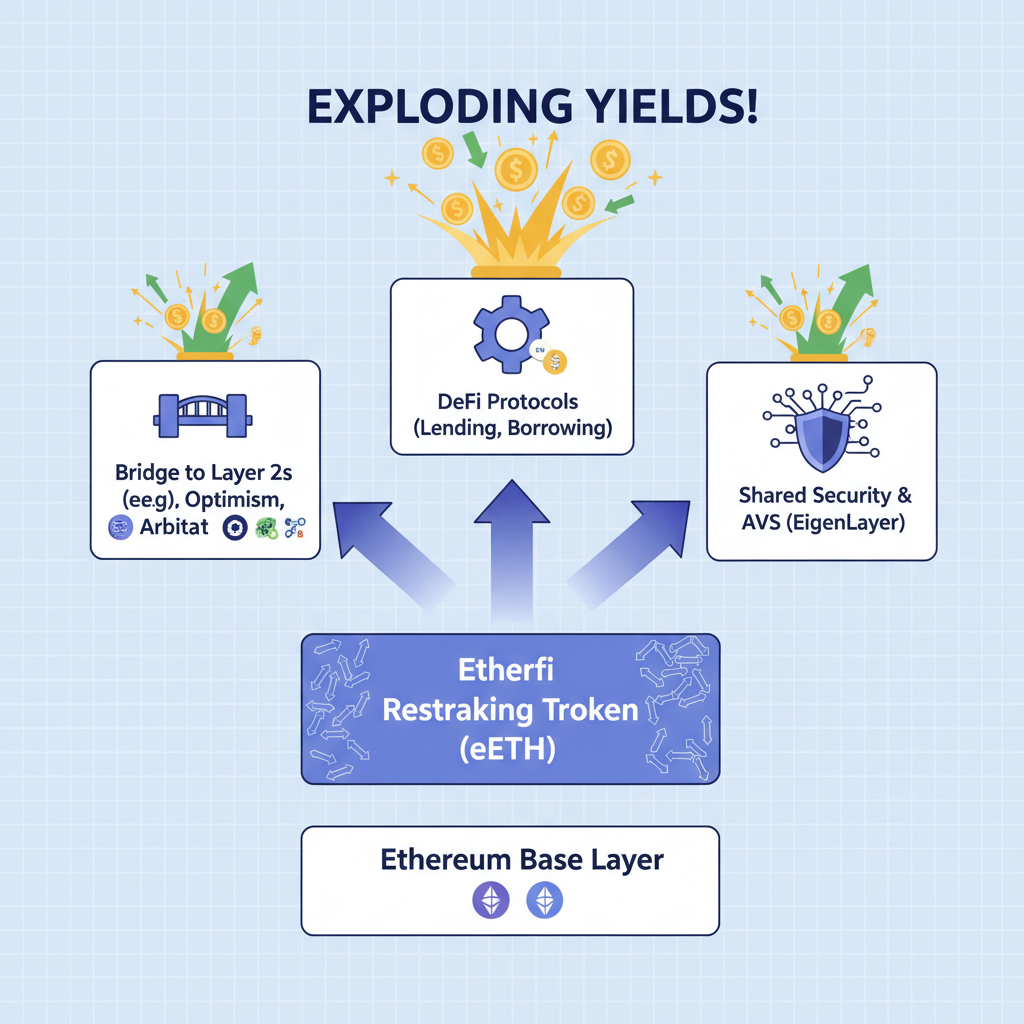 etherfi multi-layer restaking stack with bridge icons exploding yields