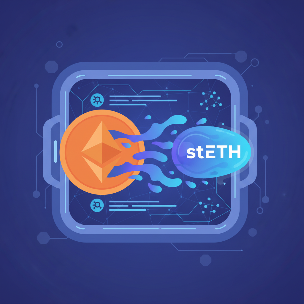 ethereum coin transforming into liquid staking token in glowing defi vault