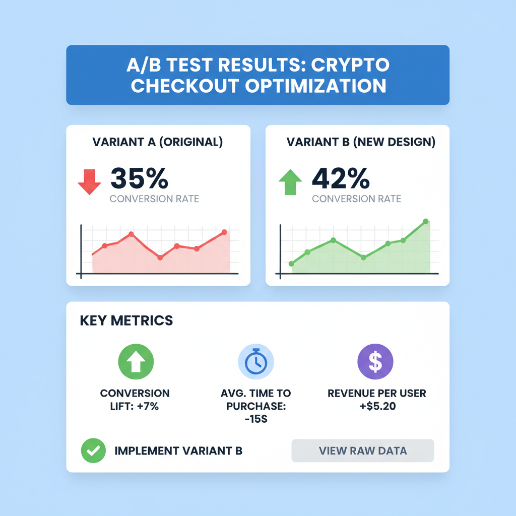 analytics dashboard showing A/B test results for crypto checkout conversions