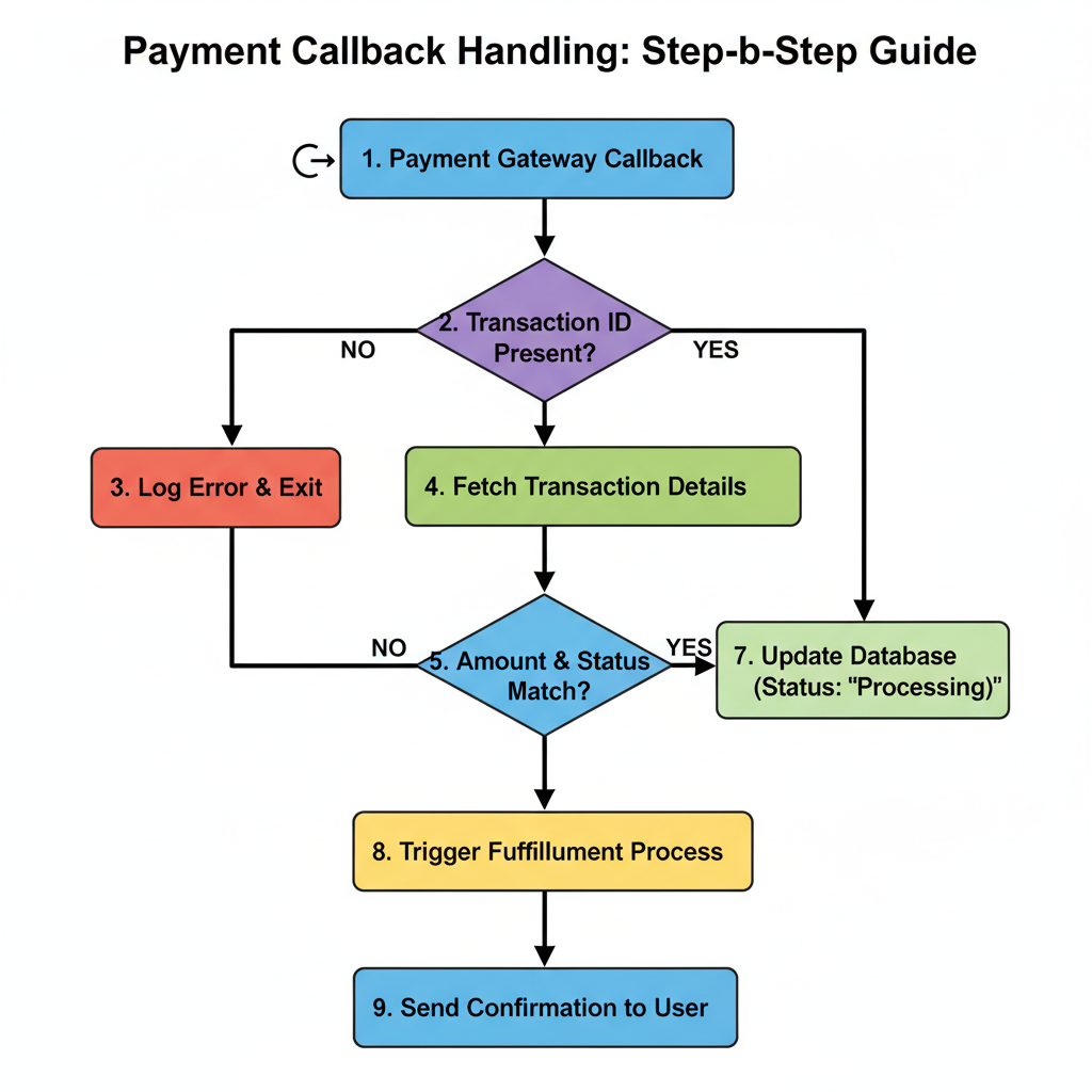flowchart of payment callback handling transaction verification to fulfillment