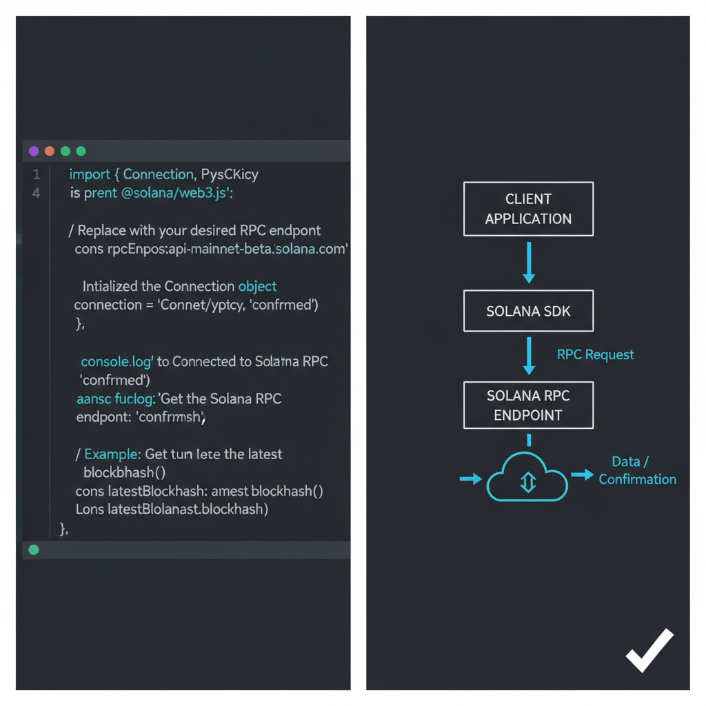 code snippet initializing Solana SDK with RPC endpoint, dark mode editor
