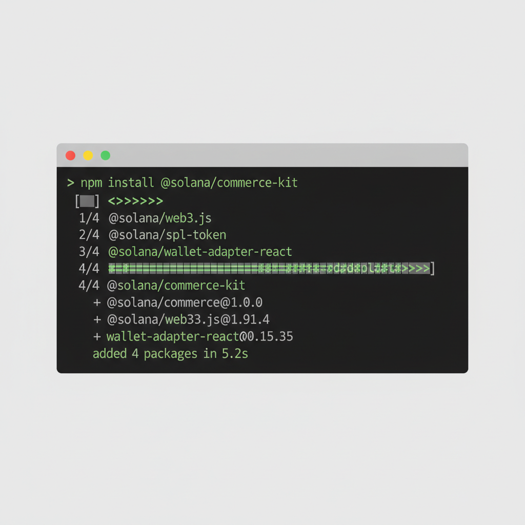 terminal window running npm install command for Solana Commerce Kit, clean code aesthetic