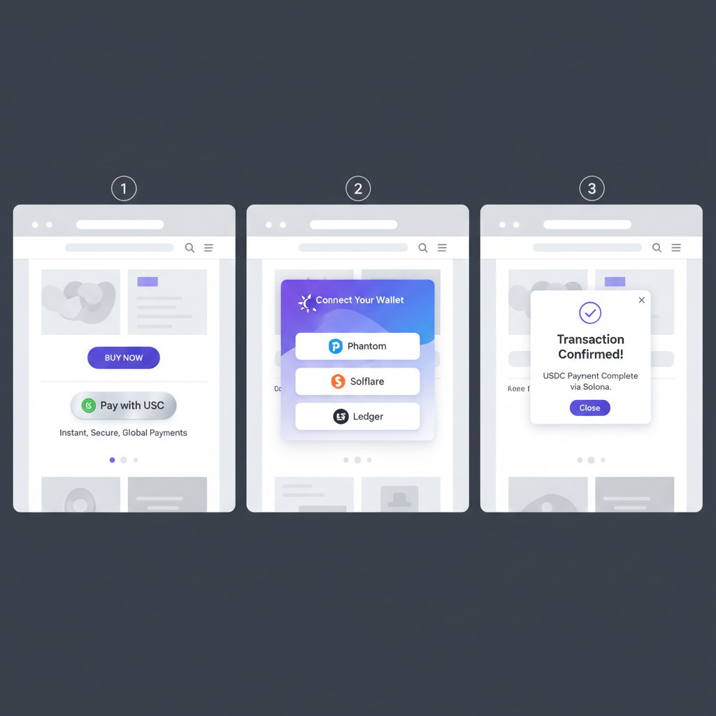 sleek USDC checkout button on e-commerce webpage, Solana wallet popup