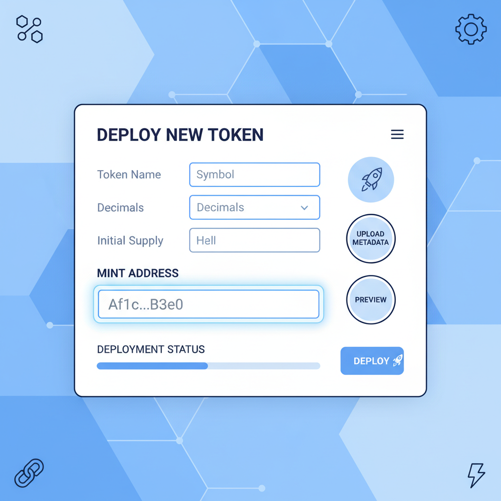 Solana blockchain token deployment dashboard with mint address highlighted, futuristic blue tones