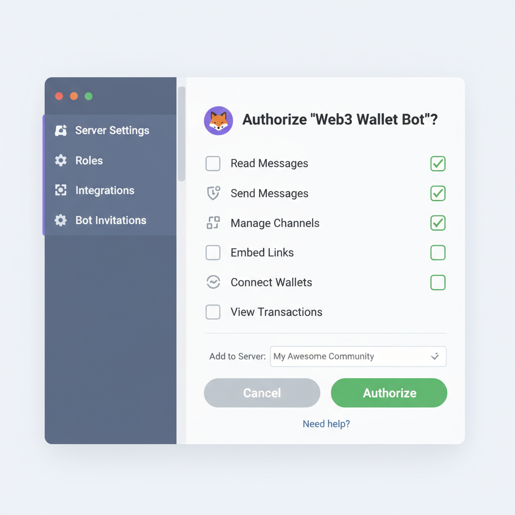 Discord server settings inviting Web3 bot, interface with permissions checklist