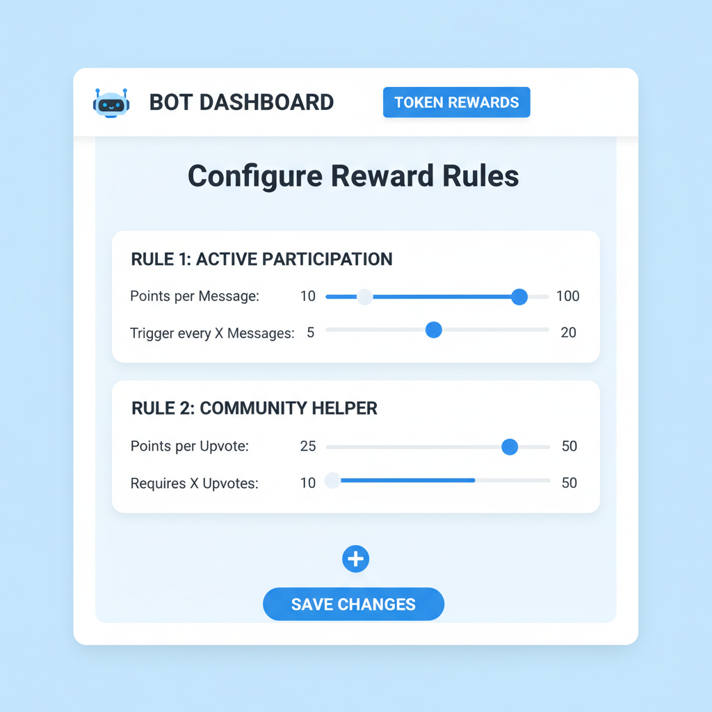 Bot dashboard configuring token reward rules, sliders for points and triggers