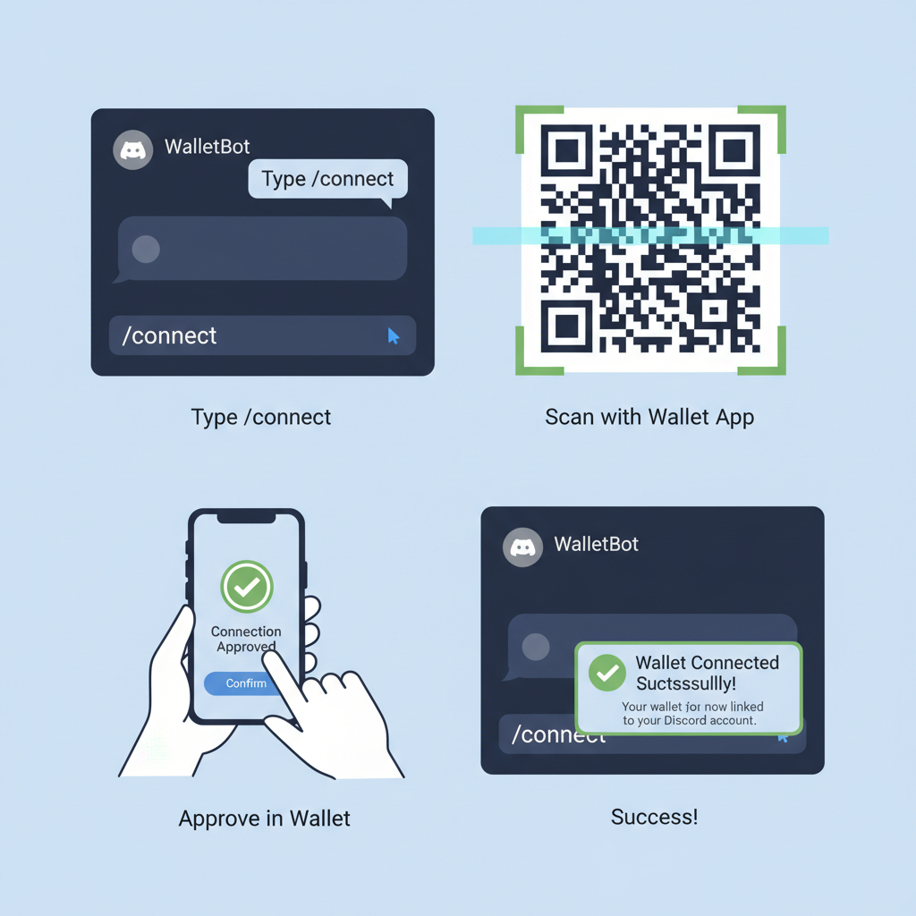 Discord user typing /connect command, wallet QR code scanning animation