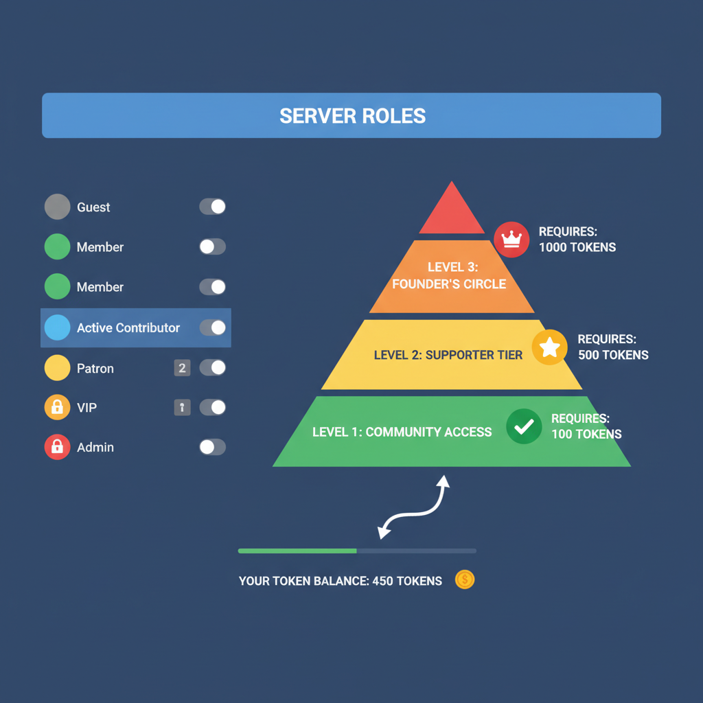 Discord roles panel with token balance gates, hierarchical pyramid of access levels