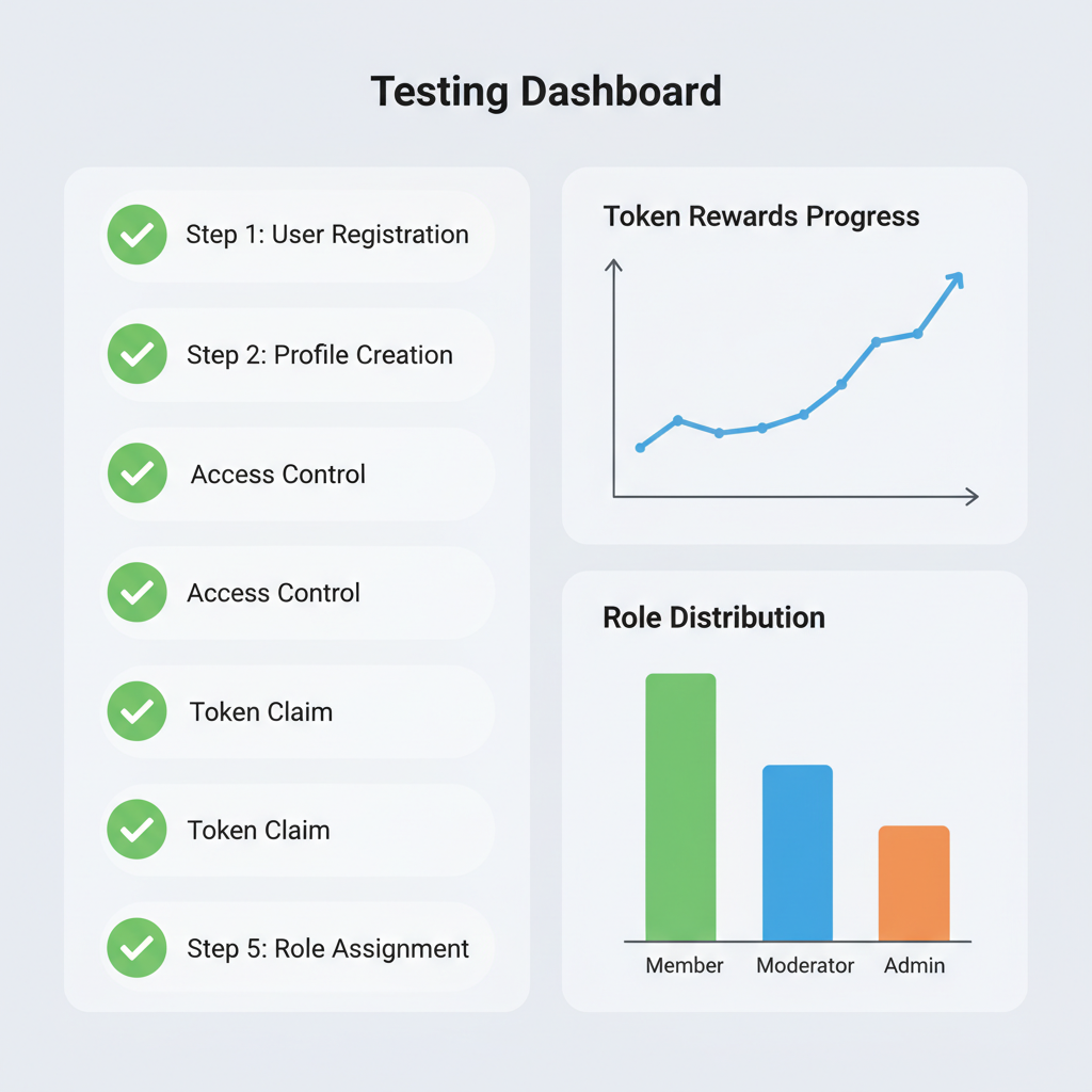 Testing dashboard with green checkmarks, graphs of token rewards and roles