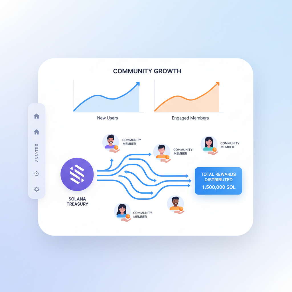 Analytics dashboard showing community growth charts, Solana tokens flowing to users