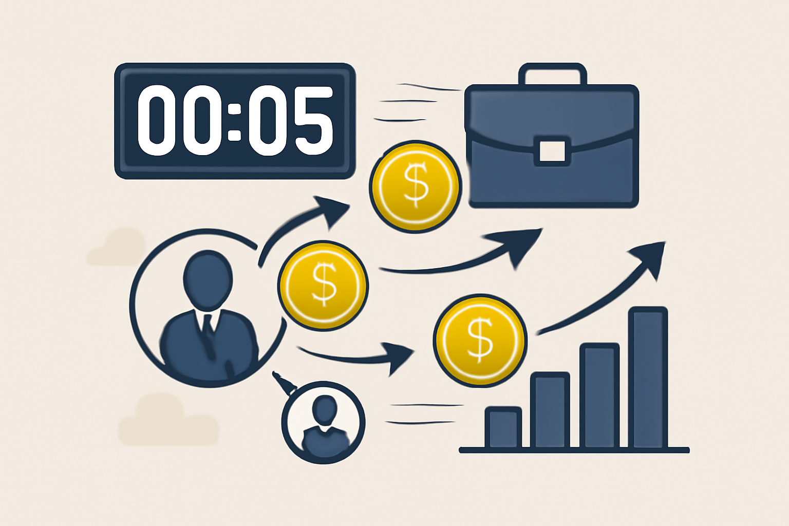 A digital clock showing a fast countdown with coins moving rapidly between business icons, illustrating speed and efficiency.