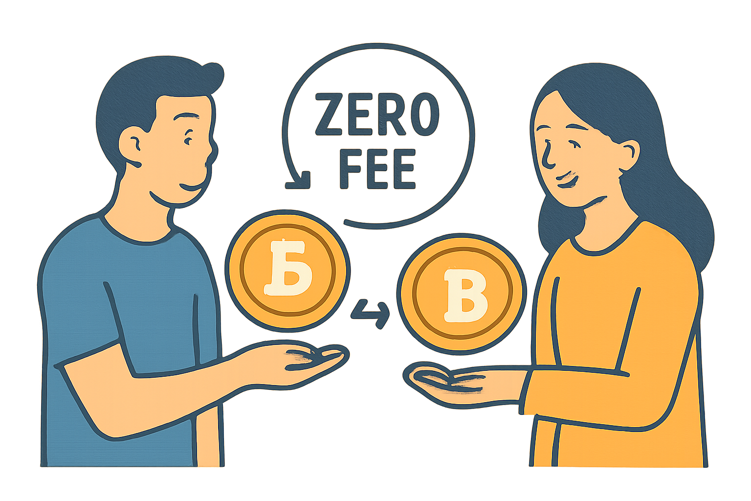 Two people exchanging digital coins with a 'zero fee' badge between them, signifying free and instant transfers.