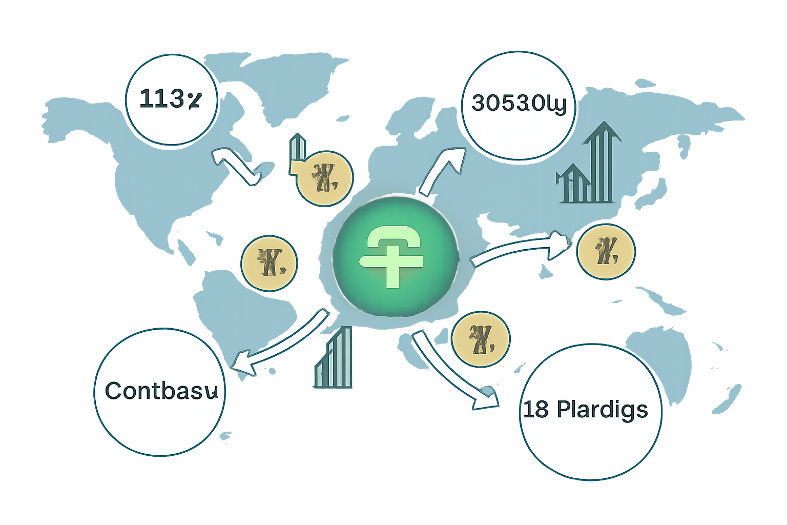 A world map with USDT coins spreading from a central hub, surrounded by investor logos and growth arrows.