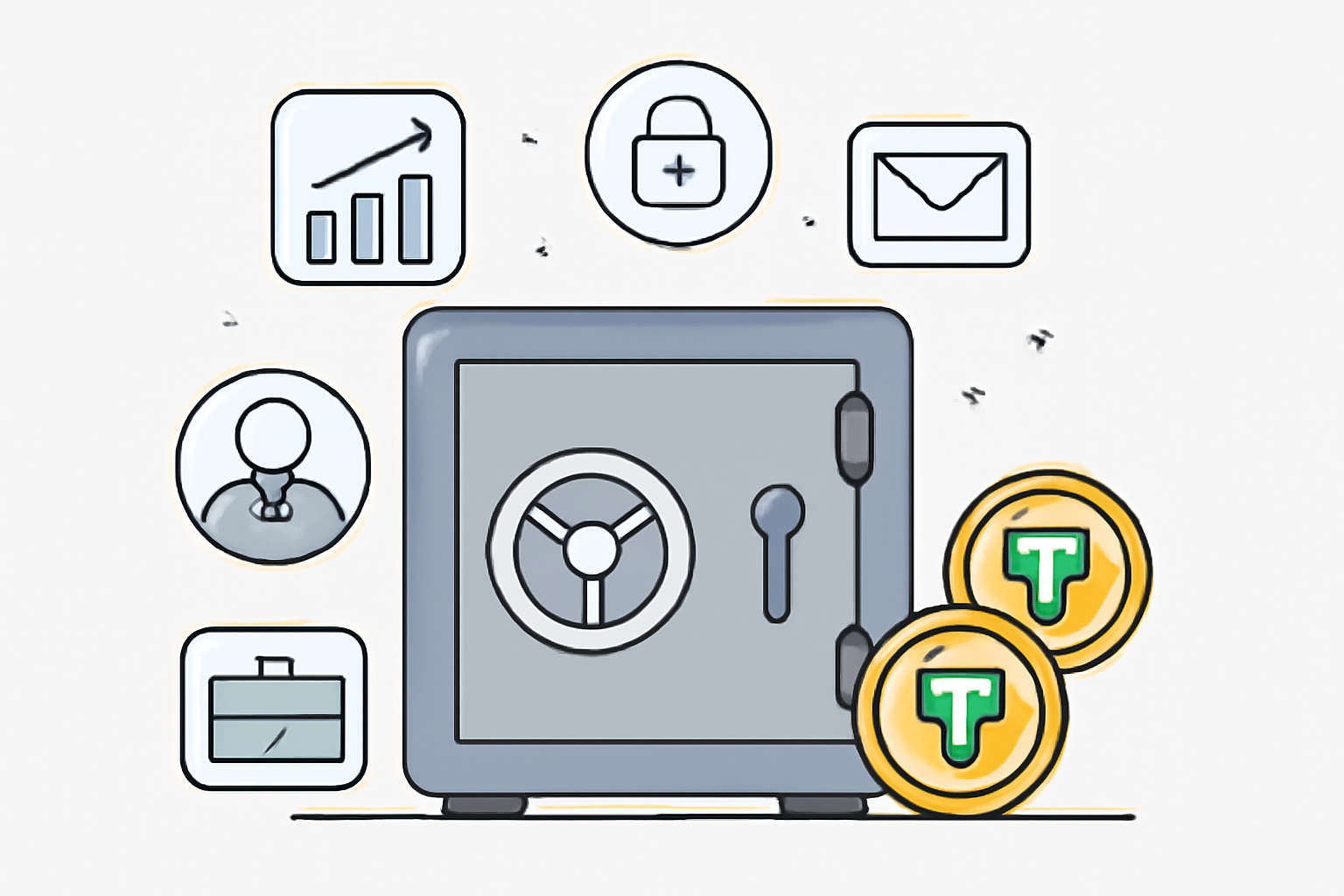A secure digital vault with business icons and USDT coins, representing privacy and enterprise reliability.