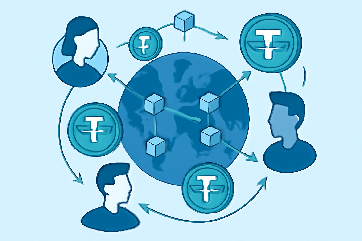 A futuristic blockchain network with USDT coins flowing smoothly between users, highlighting simplicity and global connectivity.