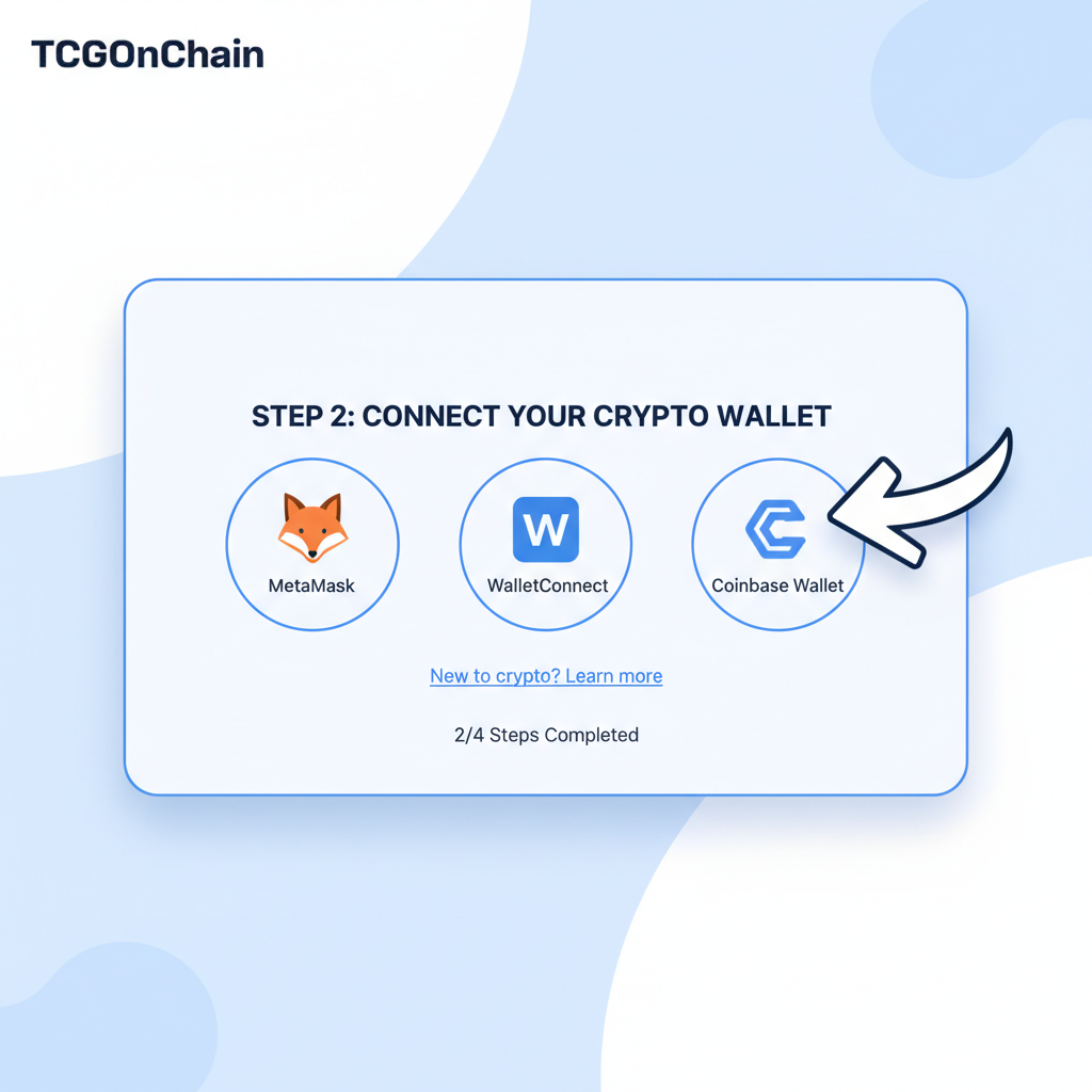 User creating account on TCGOnChain platform, crypto wallet setup interface, modern web design