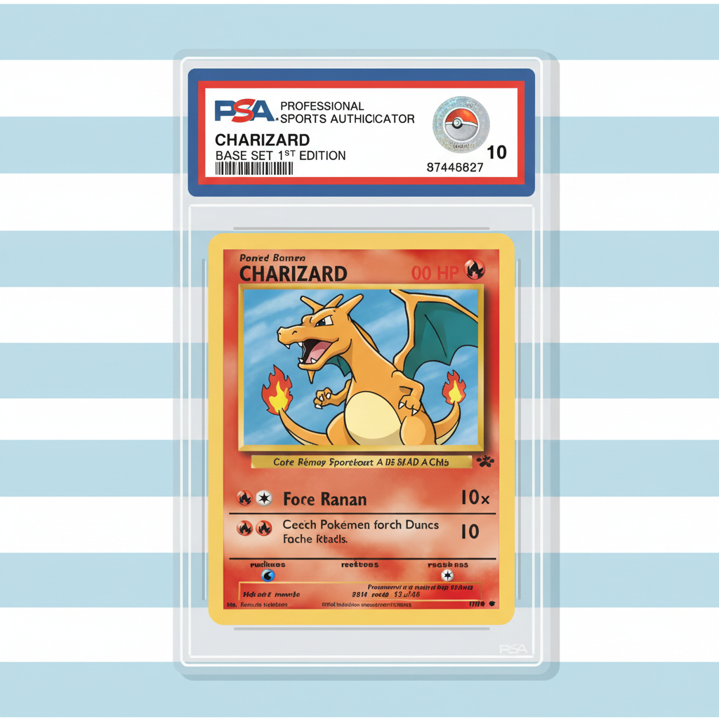 Professional PSA graded Pokémon card in slab, close-up, high detail, authentication seal visible