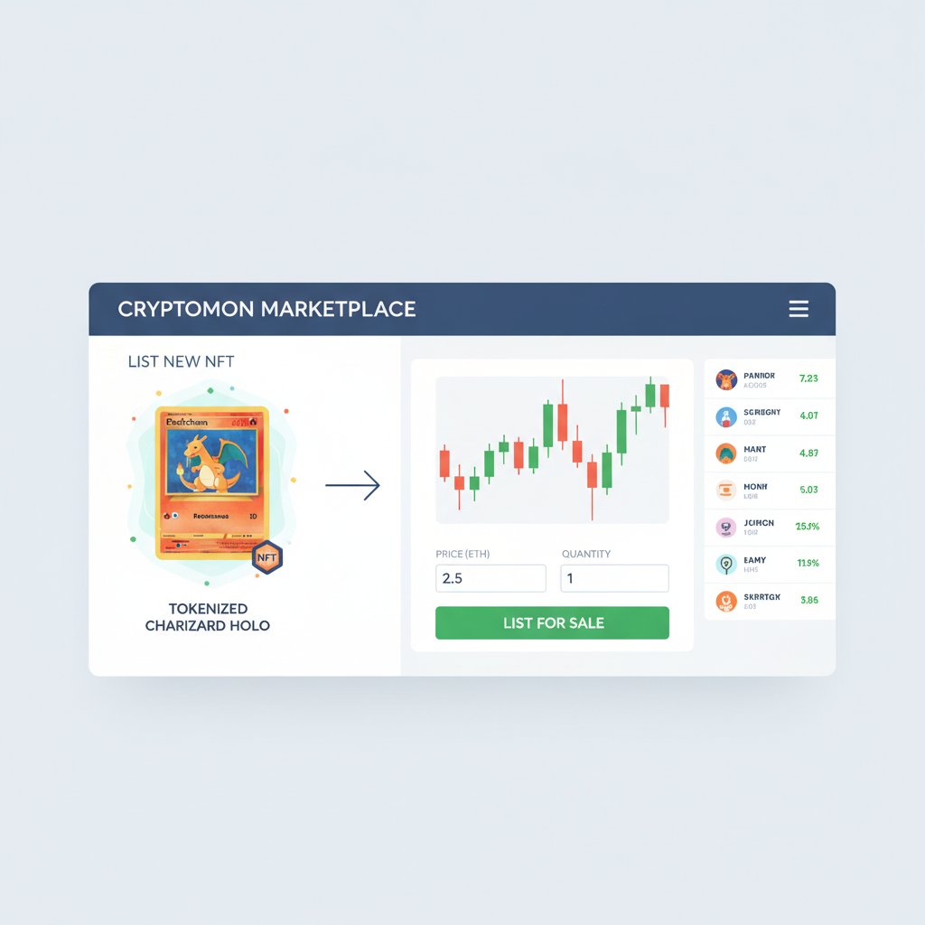Listing tokenized Pokémon card NFT on crypto marketplace, trading interface with charts
