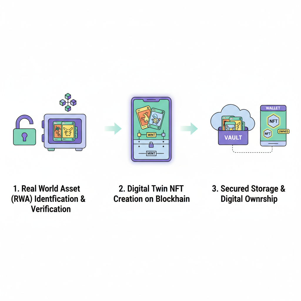 Minting RWA NFT on blockchain platform, vault storage facility with Pokémon cards, digital twin visualization