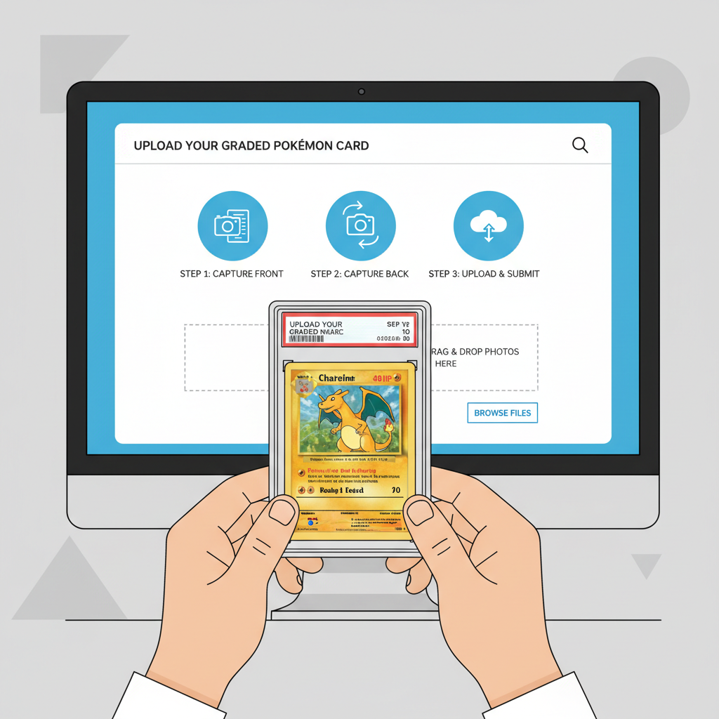 Uploading high-quality photos of graded Pokémon card to web platform, detailed interface