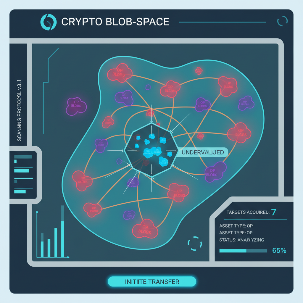 futuristic dashboard scanning crypto blobspace for undervalued OP blobs
