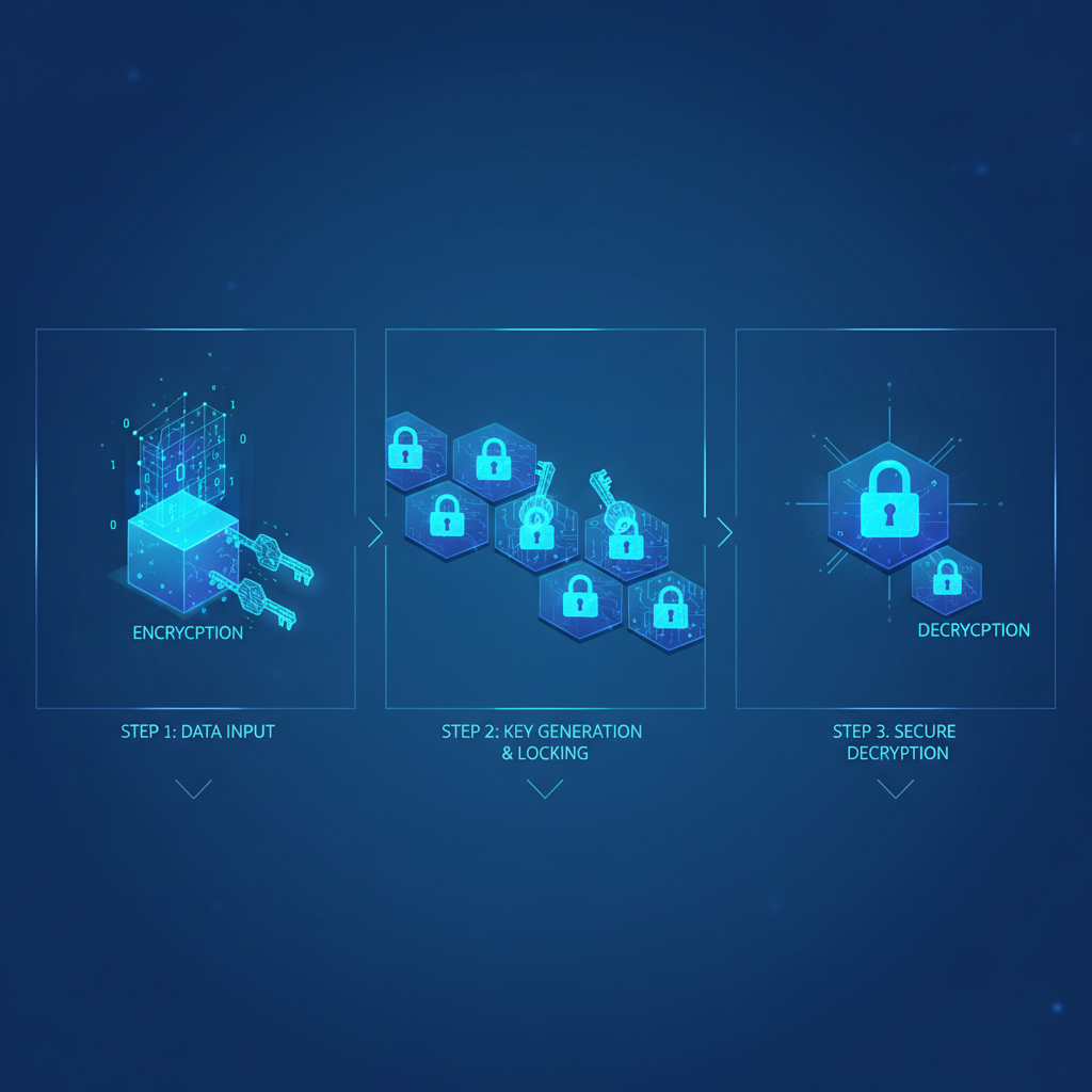futuristic data encryption on blockchain, glowing keys and locks, cyber blue tones